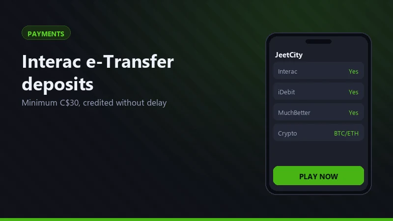 Interac e-Transfer deposit screen in the JeetCity Casino cashier showing the C$30 minimum for Canadian players