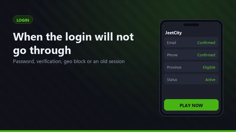 JeetCity login troubleshooting screen showing password reset, account verification and Canadian province access rules
